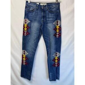 Vintage Miss Me Women 28 Blue Boyfriend Embroidered Button Fly Hippie Boho Jeans